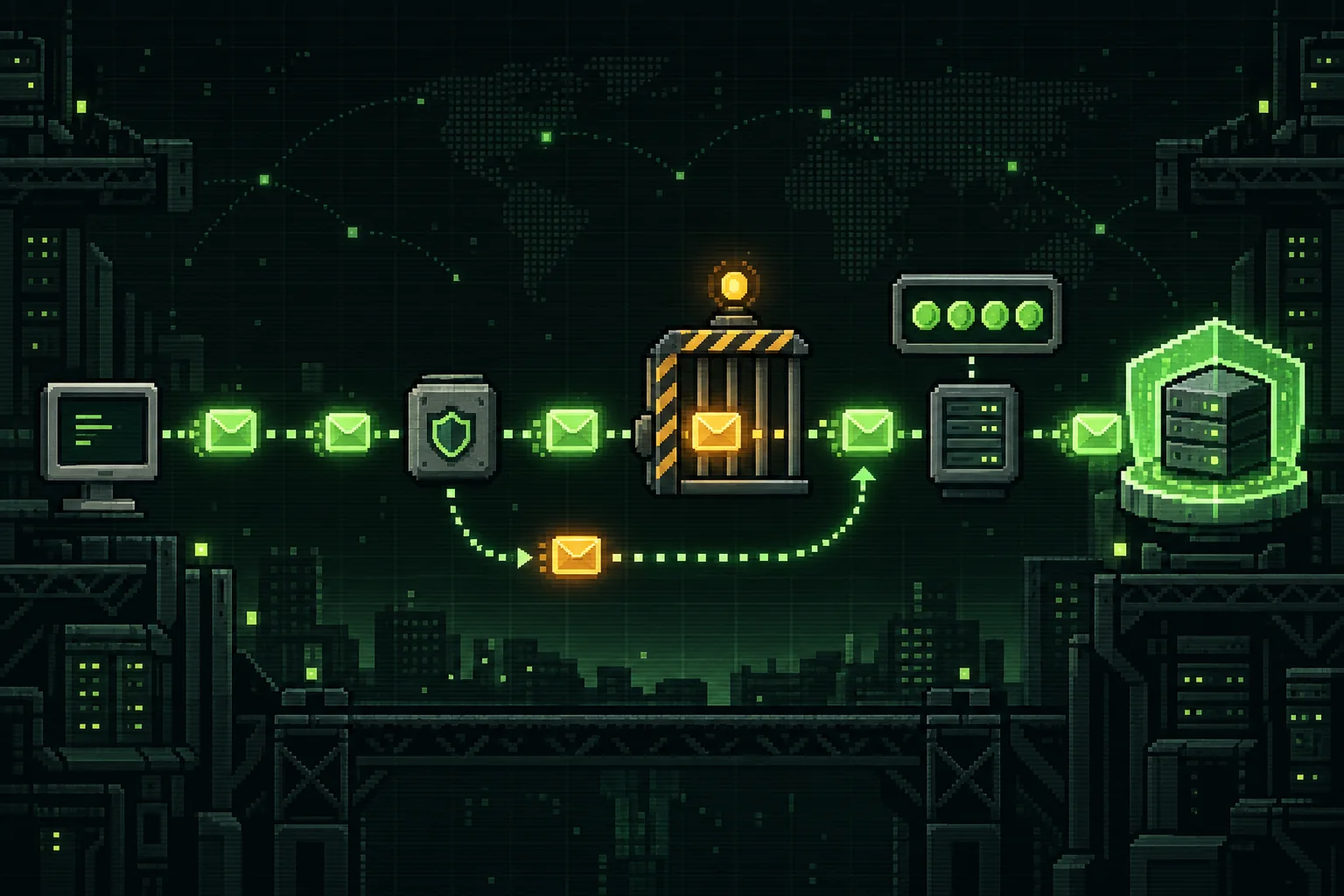 Pixel-art API requests moving through security, rate-limit, retry, credit, and protected endpoint checkpoints.