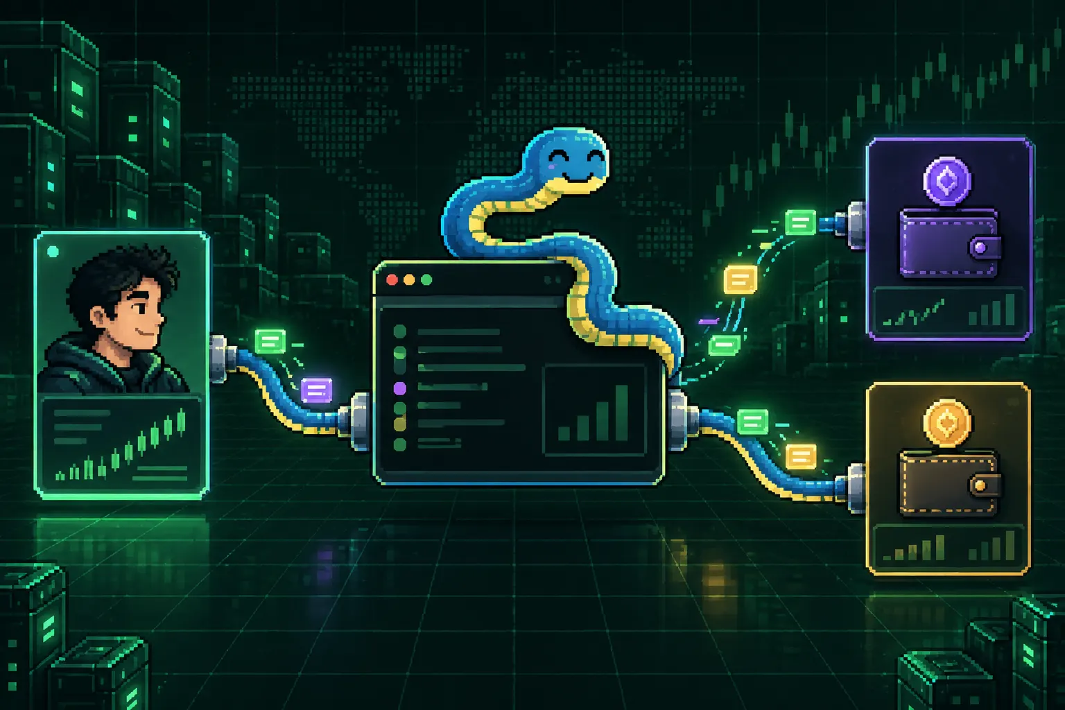 Pixel-art Python data cable connecting a trader profile, API terminal, and two blockchain wallet records.