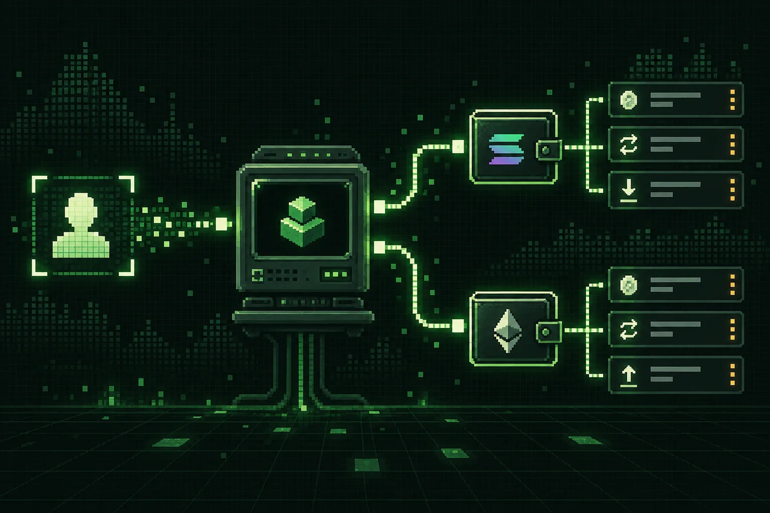 Pixel-art data flow resolving a trader profile into Solana and EVM wallets and transaction records.