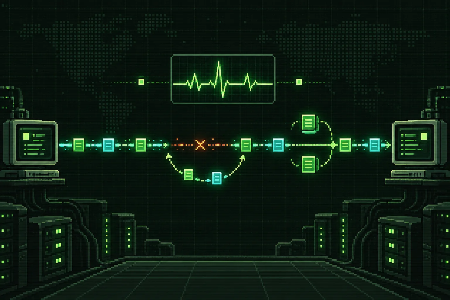 Pixel-art WebSocket stream with event packets, heartbeat monitoring, reconnection, and duplicate-event merging.