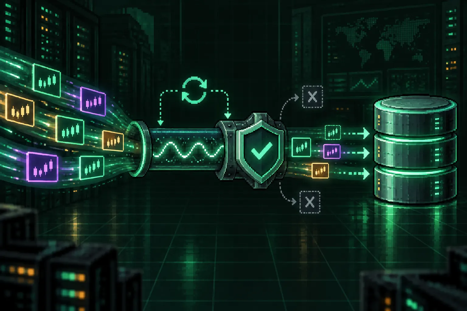 Pixel-art WebSocket event stream passing through a deduplication shield into a durable Postgres-style database.