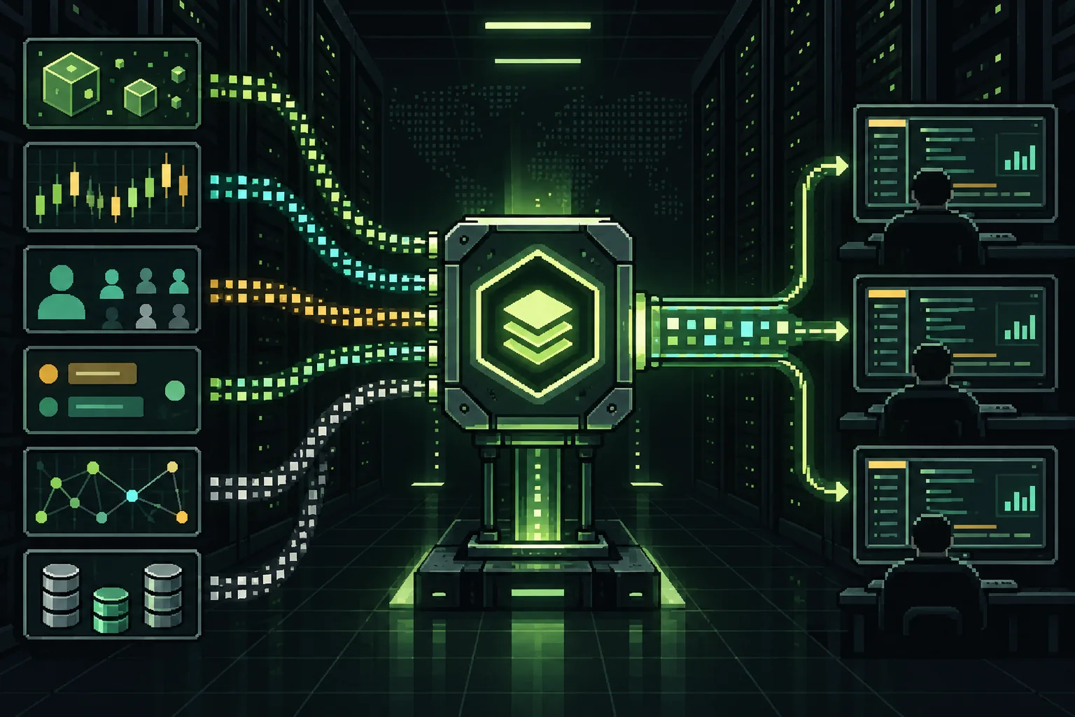 Pixel-art API gateway organizing wallet, market, profile, graph, and database signals into structured data.