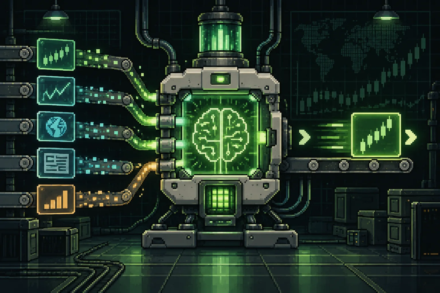 Pixel-art automation engine turning market signals into one controlled trading action.