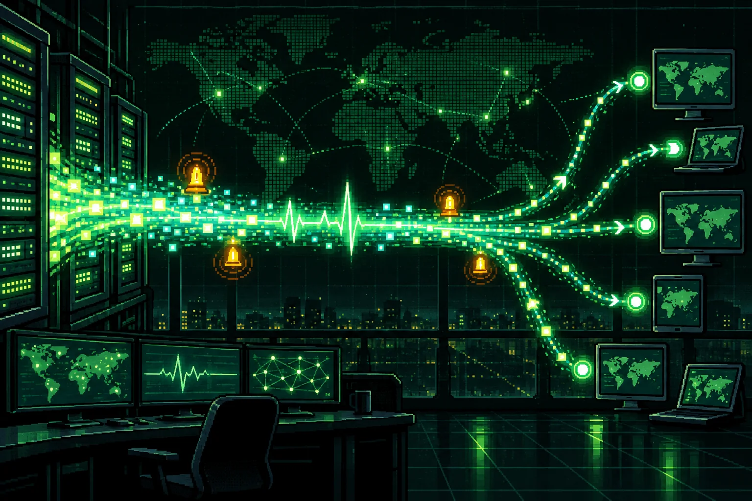 Pixel-art realtime data stream carrying event pulses and alerts from servers to connected clients.