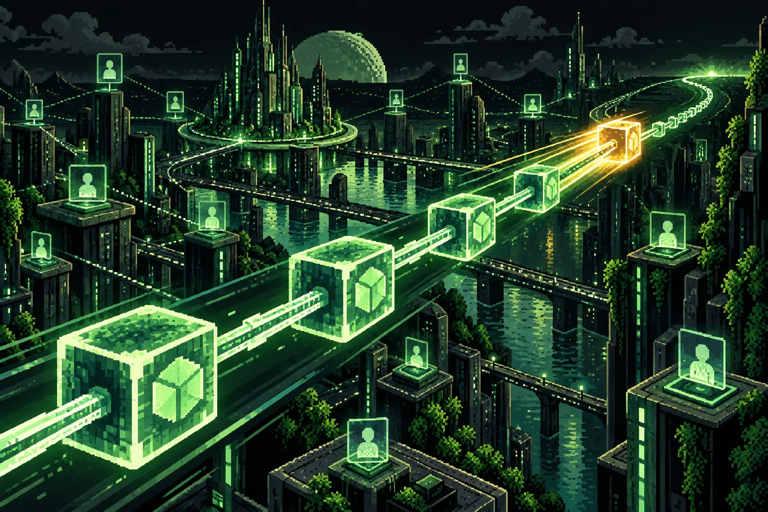 Pixel-art blockchain rail carrying linked blocks and early trading signals through a digital city.