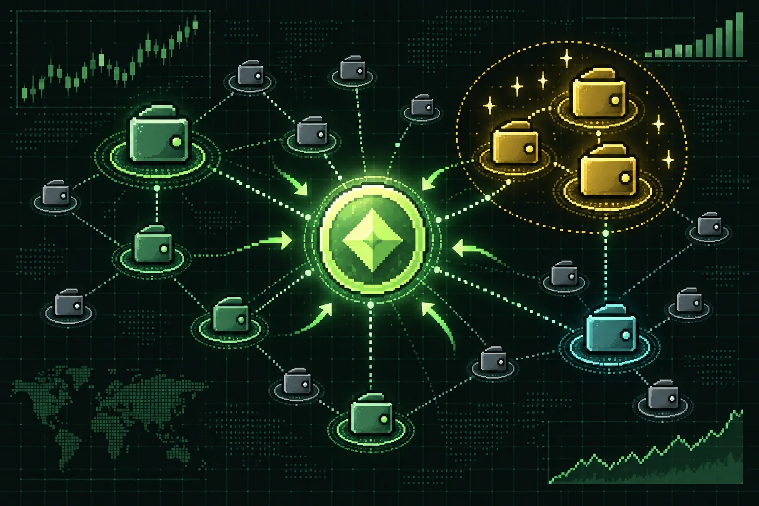 Pixel-art token ownership network highlighting connected wallets and a smart-money cluster.