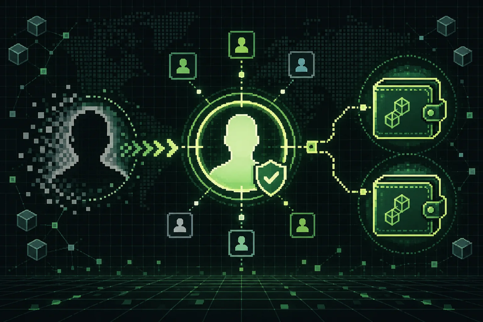Pixel-art identity network resolving an anonymous trader profile into verified blockchain wallets.
